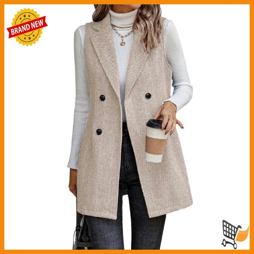 Women's Long Sleeveless Tweed Vest Blazer Business Casual Outerwear